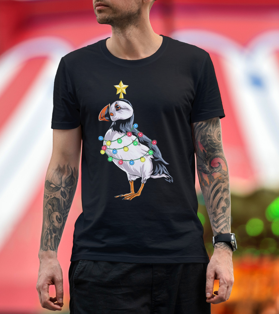 Puffin Bird with Christmas Lights and Star Tree Topper T-Shirt
