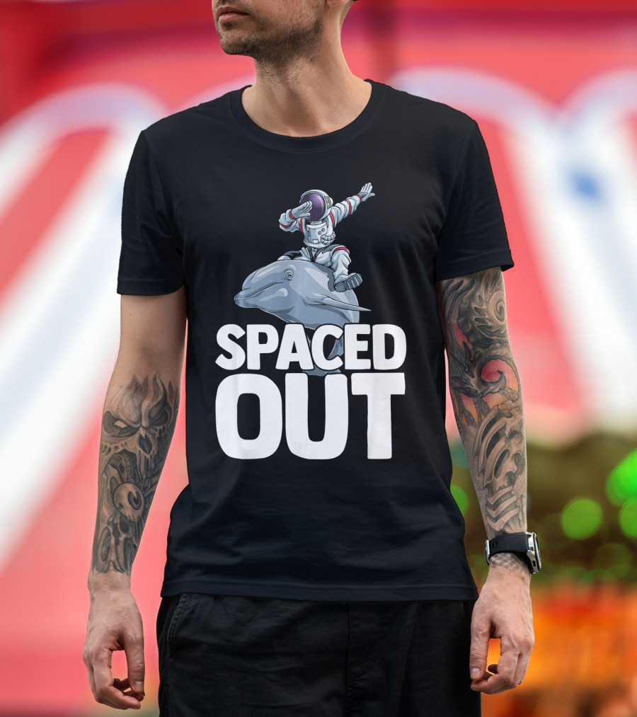 Spaced Out Astronaut Riding Dolphin in Outer Space T-Shirt