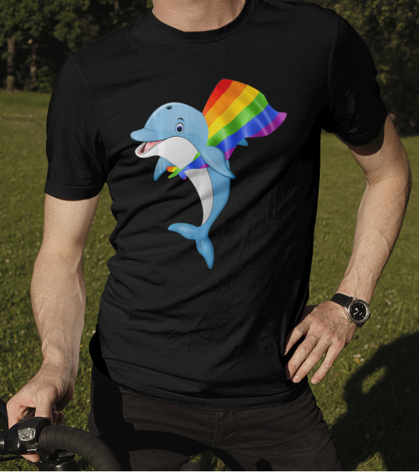 Vintage Dolphin With Gay Pride Rainbow Flag Cape T-Shirt