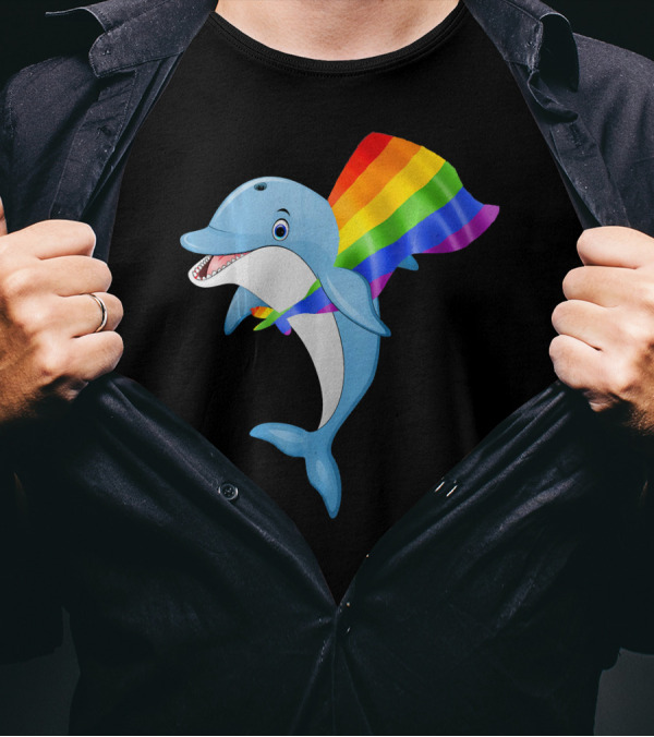Vintage Dolphin With Gay Pride Rainbow Flag Cape T-Shirt