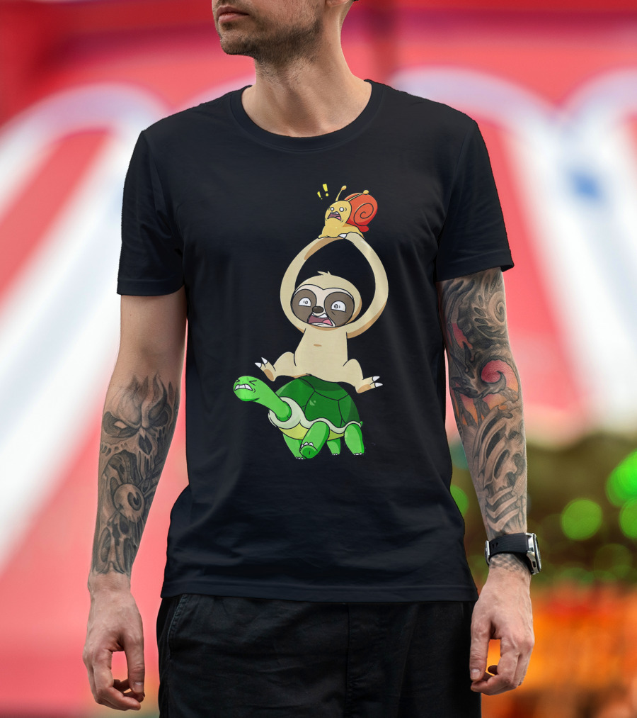 Sloth Holding Snail on Turtle Piggyback Running Adventure T-Shirt
