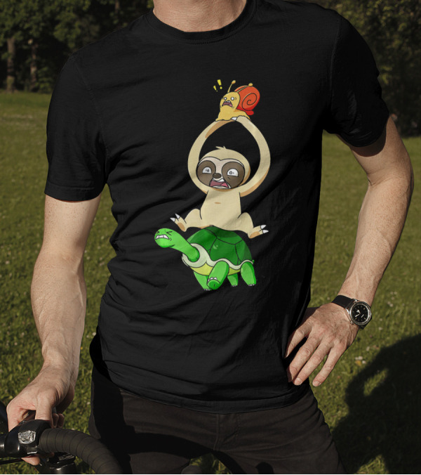 Sloth Holding Snail On Turtle Piggyback Running Adventure T-Shirt