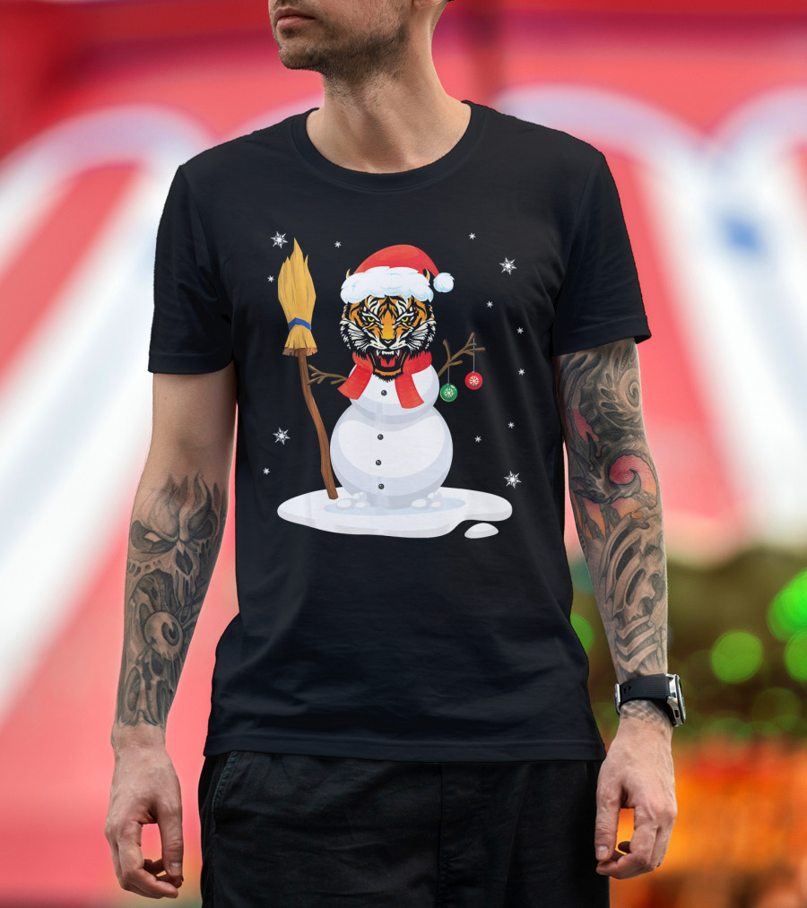 Tiger Snowman Christmas Costume with Broom and Ornaments T-Shirt