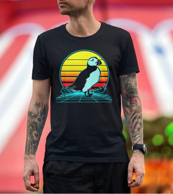 Premium T-Shirt: Retro Puffin Neon Synthwave Sunset Horizon T-Shirt Retro Puffin Neon Synthwave Sunset Horizon T-Shirt