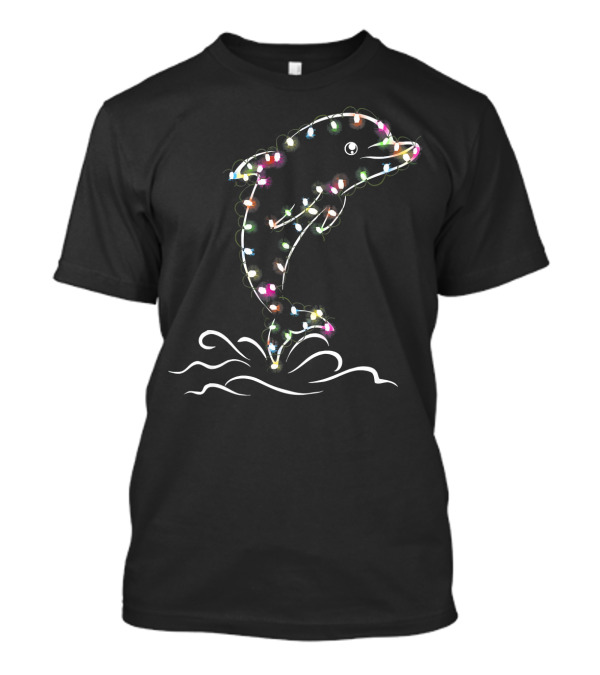 Tee89s Dolphin Jumping Wrapped In Colorful Lights T-Shirt