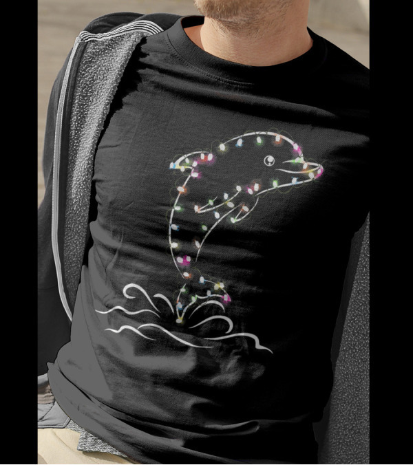 Tee89s Dolphin Jumping Wrapped In Colorful Lights T-Shirt
