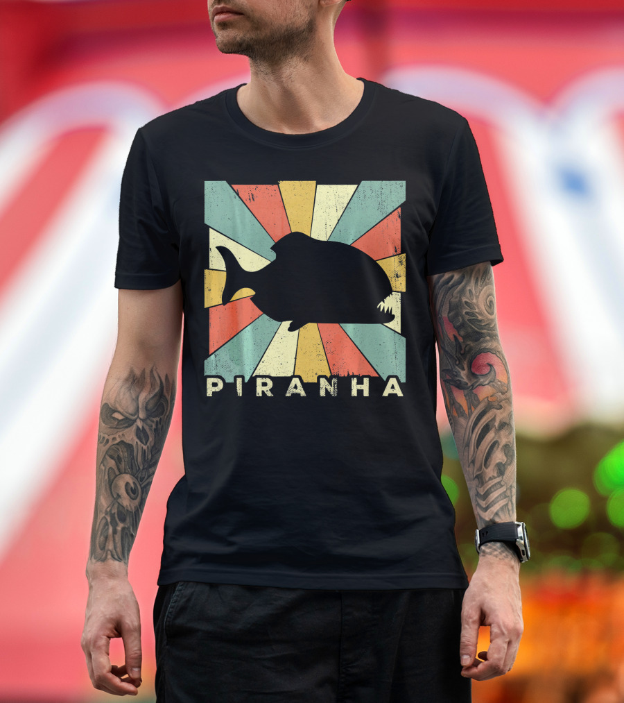 Piranha Silhouette in Vintage Retro Sunburst T-Shirt