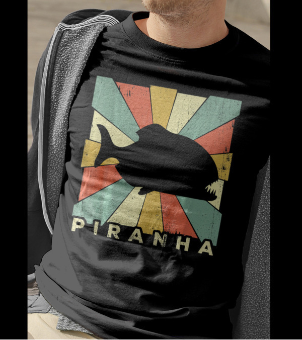 Piranha Silhouette In Vintage Retro Sunburst T-Shirt