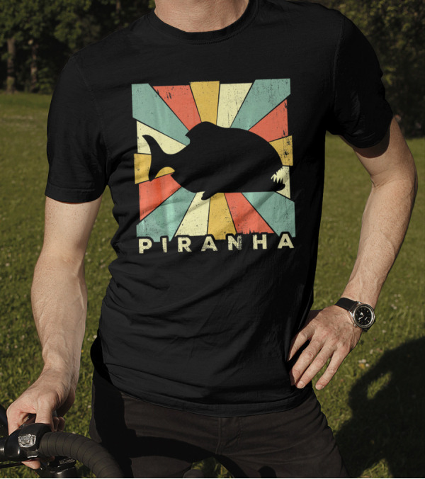 Piranha Silhouette In Vintage Retro Sunburst T-Shirt