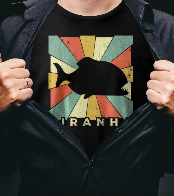 Piranha Silhouette In Vintage Retro Sunburst T-Shirt