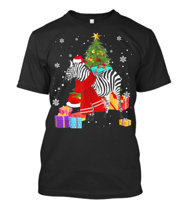 Zebra Christmas Color Lights Snowflakes Santa Hat Scarf Presents T-Shirt