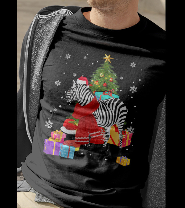 Zebra Christmas Color Lights Snowflakes Santa Hat Scarf Presents T-Shirt