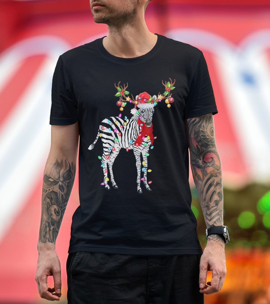 Zebra Wrapped in Christmas Lights with Santa Hat and Reindeer Antlers T-Shirt