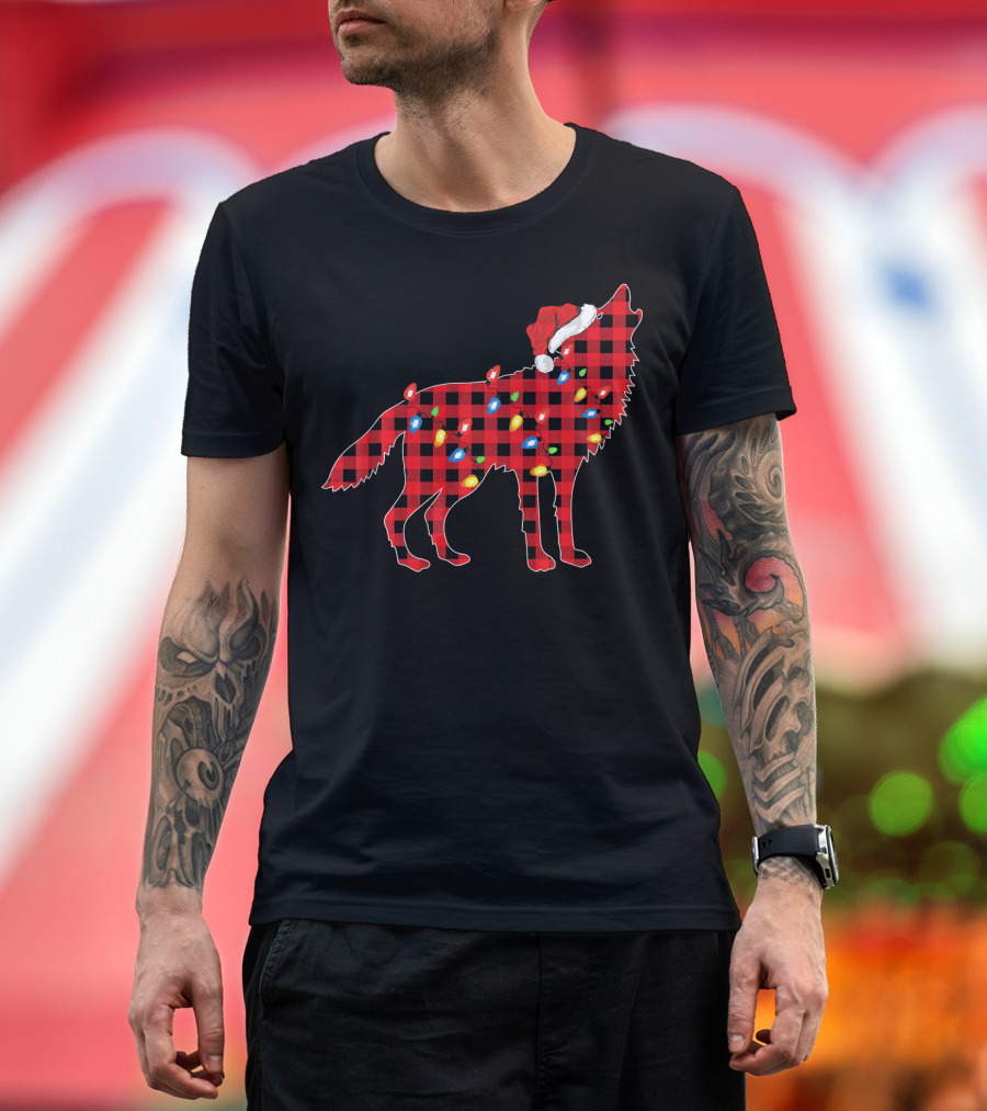 Wolf Family Matching Group Christmas Buffalo Plaid Santa Hat Lights T-Shirt