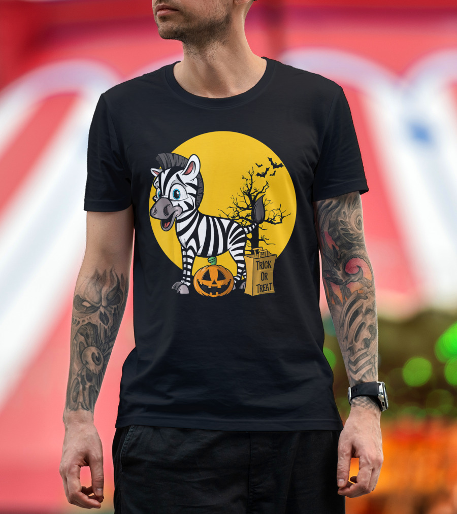 Zebra Halloween Trick or Treat Pumpkin and Bats T-Shirt
