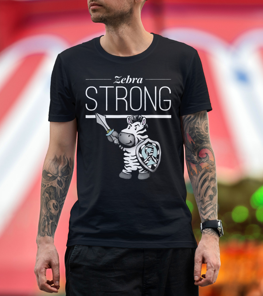 Zebra Strong Sword and Shield with Ehlers Danlos Awareness T-Shirt