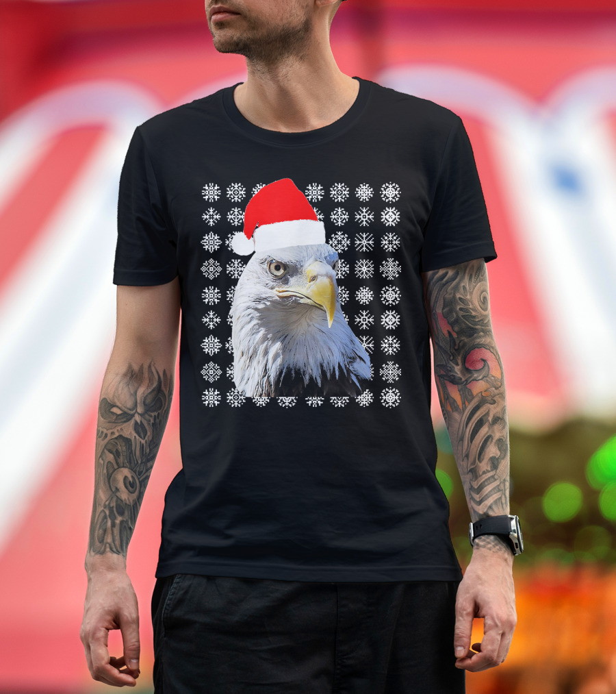Bald Eagle in Santa Hat with Snowflake Background T-Shirt