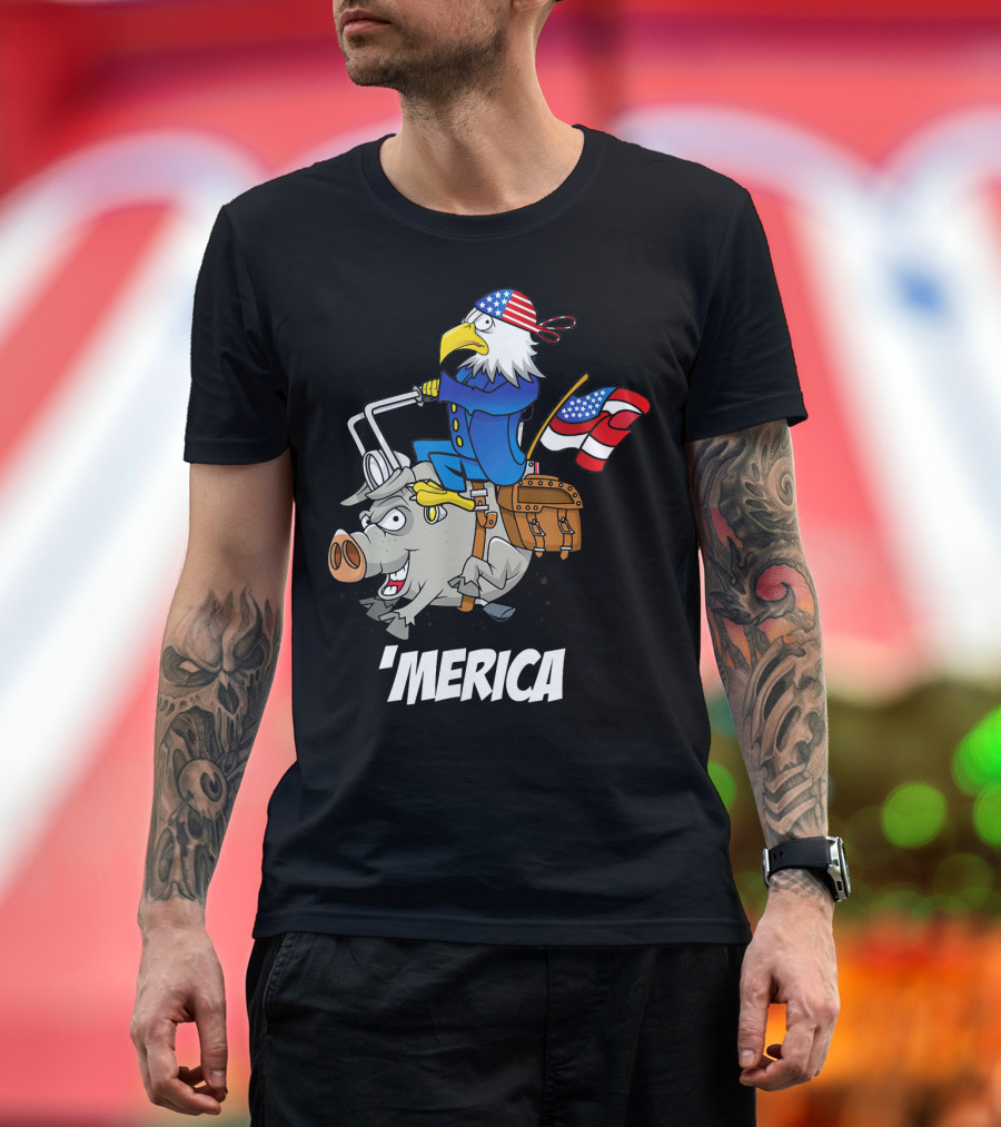 'Merica Eagle Riding Motorcycle Pig with American Flag T-Shirt