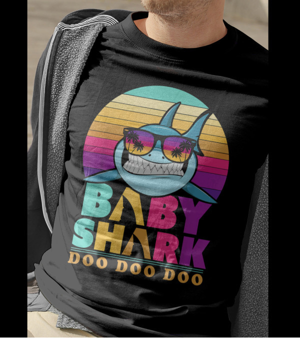 Baby Shark Doo Doo Doo Retro Sunset Sunglasses Palm Trees T-Shirt