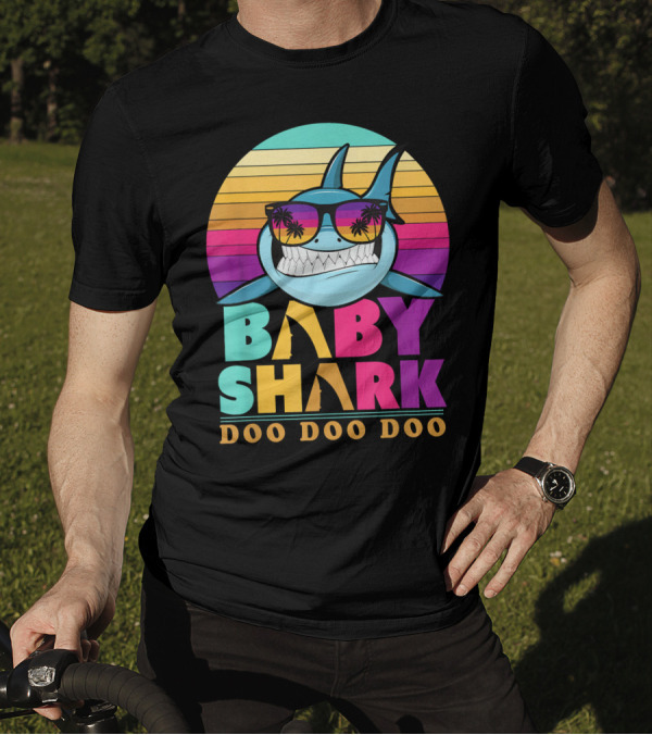 Baby Shark Doo Doo Doo Retro Sunset Sunglasses Palm Trees T-Shirt