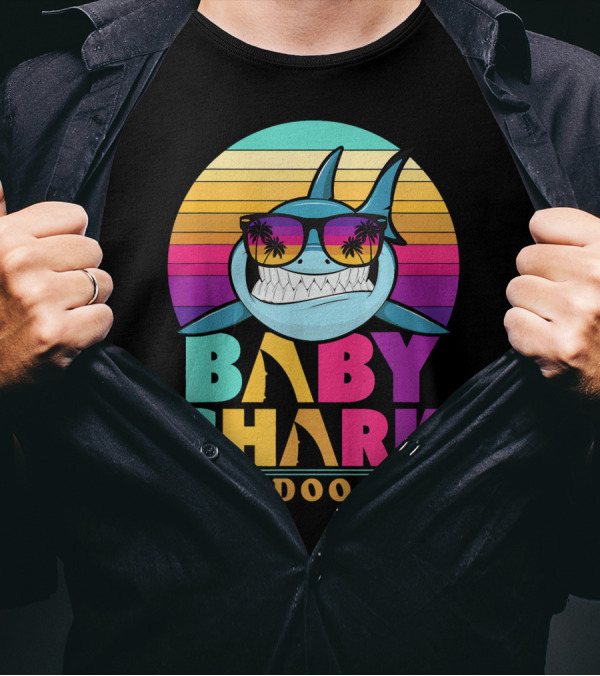 Baby Shark Doo Doo Doo Retro Sunset Sunglasses Palm Trees T-Shirt