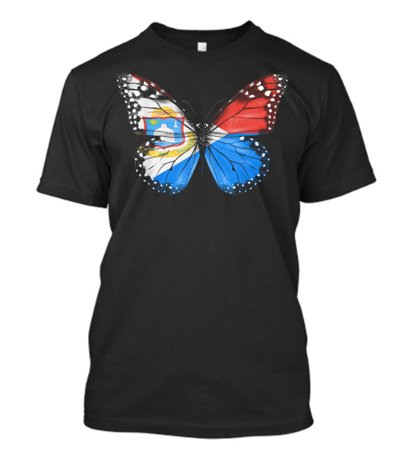 Butterfly With Sint Maarten Flag Pattern And Coat Of Arms T-Shirt