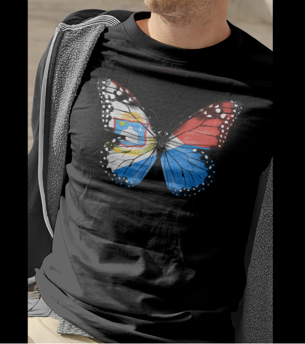Butterfly With Sint Maarten Flag Pattern And Coat Of Arms T-Shirt