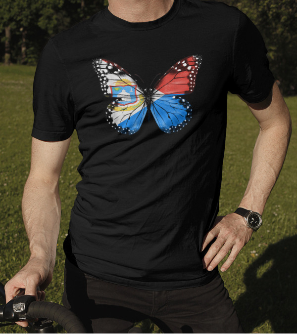 Butterfly With Sint Maarten Flag Pattern And Coat Of Arms T-Shirt