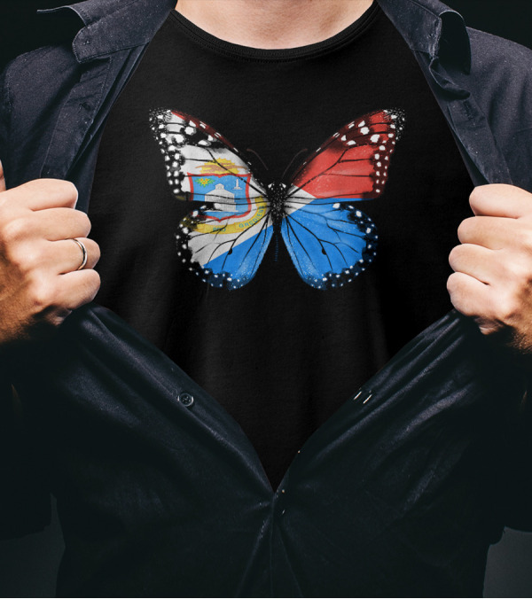 Butterfly With Sint Maarten Flag Pattern And Coat Of Arms T-Shirt