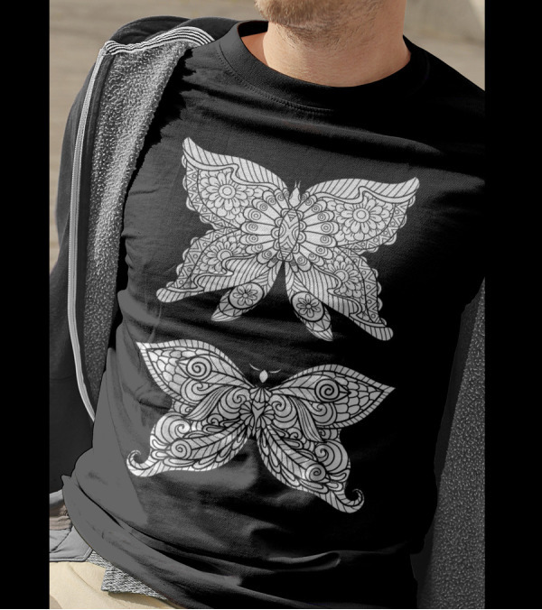 Butterfly Duo Color Your Own Colorific Detailed Mandala Wings Floral T-Shirt