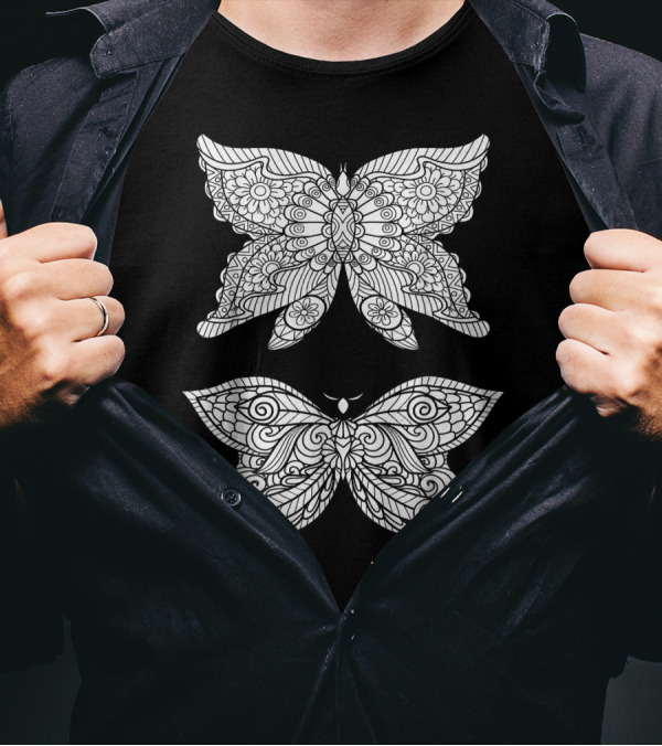 Butterfly Duo Color Your Own Colorific Detailed Mandala Wings Floral T-Shirt