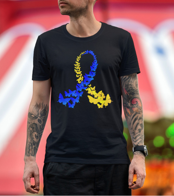 Premium T-Shirt: Butterfly World Down Syndrome Day Blue Yellow T-Shirt Butterfly World Down Syndrome Day Blue Yellow T-Shirt