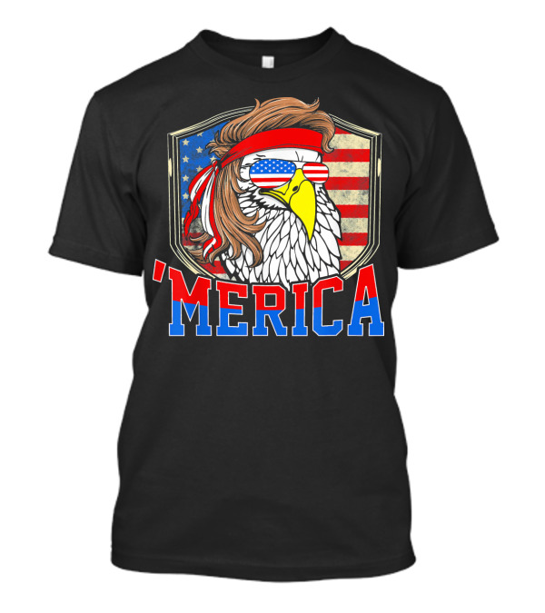 'MERICA 4th Of July Bald Eagle With Mullet And American Flag Sunglasses T-Shirt