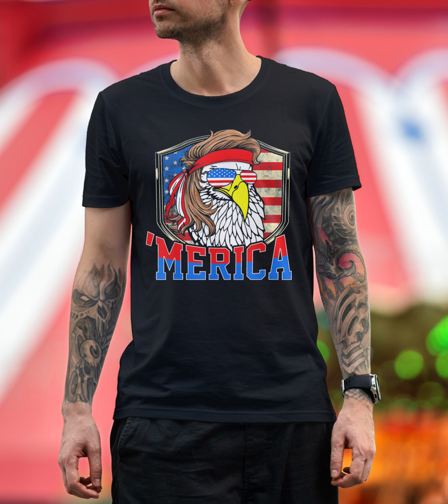 'MERICA 4th of July Bald Eagle with Mullet and American Flag Sunglasses T-Shirt