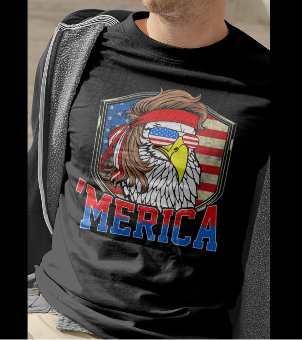 'MERICA 4th Of July Bald Eagle With Mullet And American Flag Sunglasses T-Shirt