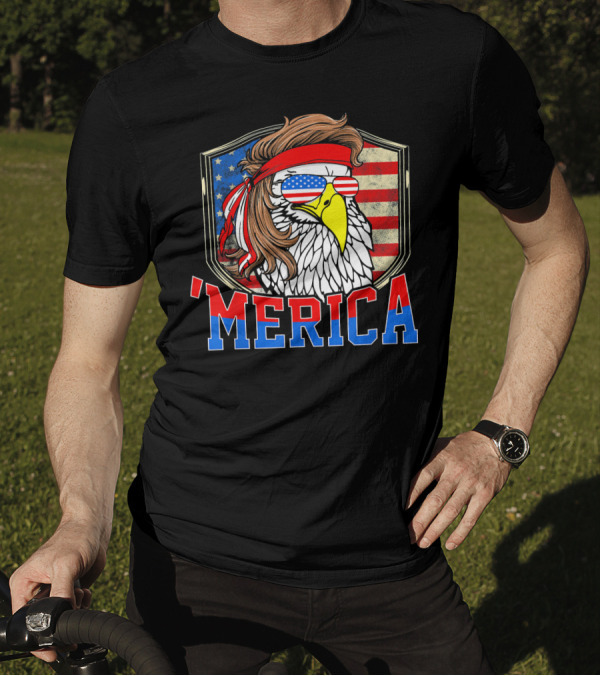 'MERICA 4th Of July Bald Eagle With Mullet And American Flag Sunglasses T-Shirt