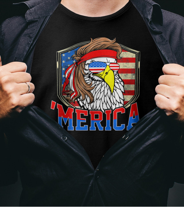 'MERICA 4th Of July Bald Eagle With Mullet And American Flag Sunglasses T-Shirt