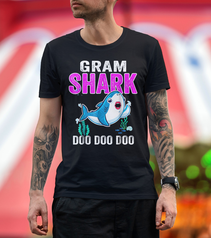 GRAM SHARK DOO DOO DOO Swimming Cartoon Shark With Ocean Plants T-Shirt