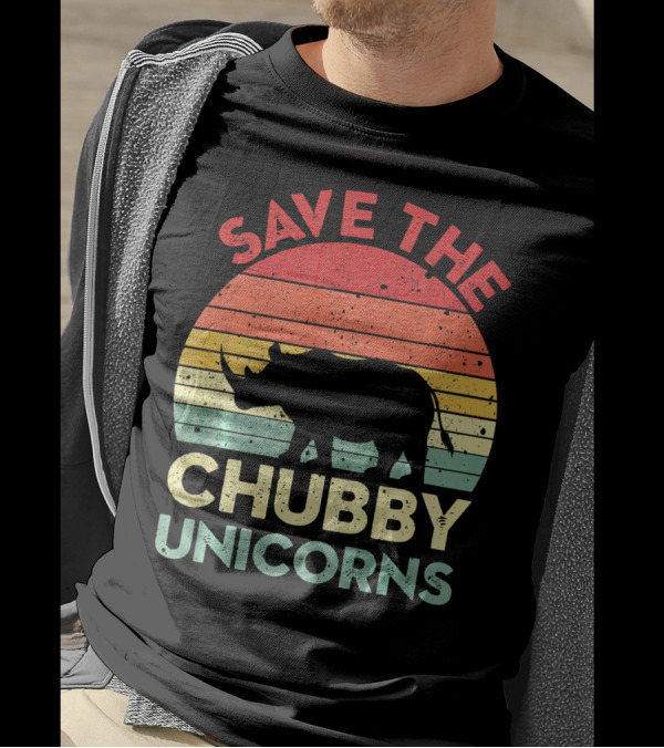 Save The Chubby Unicorns Distressed Vintage Rhino Silhouette Retro Sunset T-Shirt