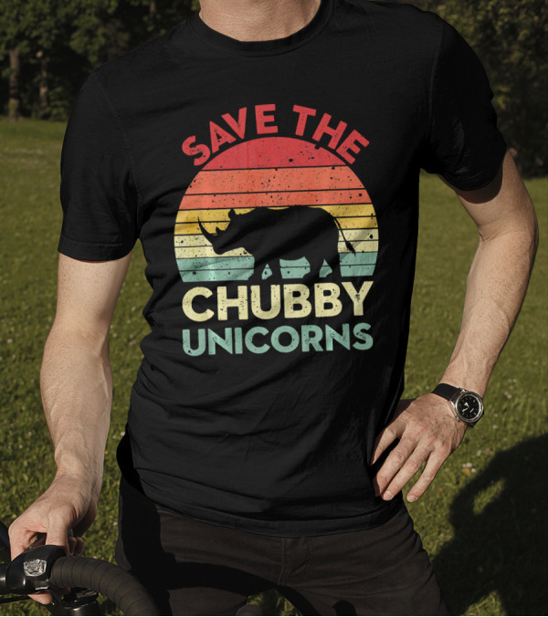 Save The Chubby Unicorns Distressed Vintage Rhino Silhouette Retro Sunset T-Shirt