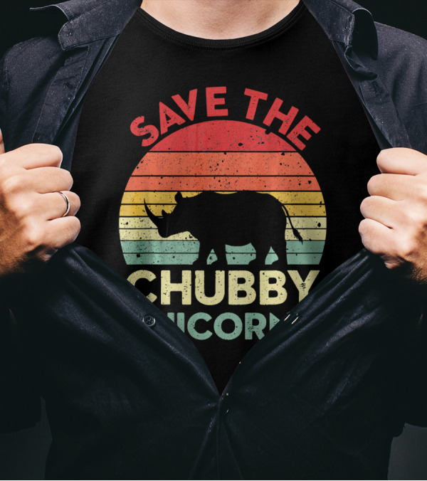 Save The Chubby Unicorns Distressed Vintage Rhino Silhouette Retro Sunset T-Shirt