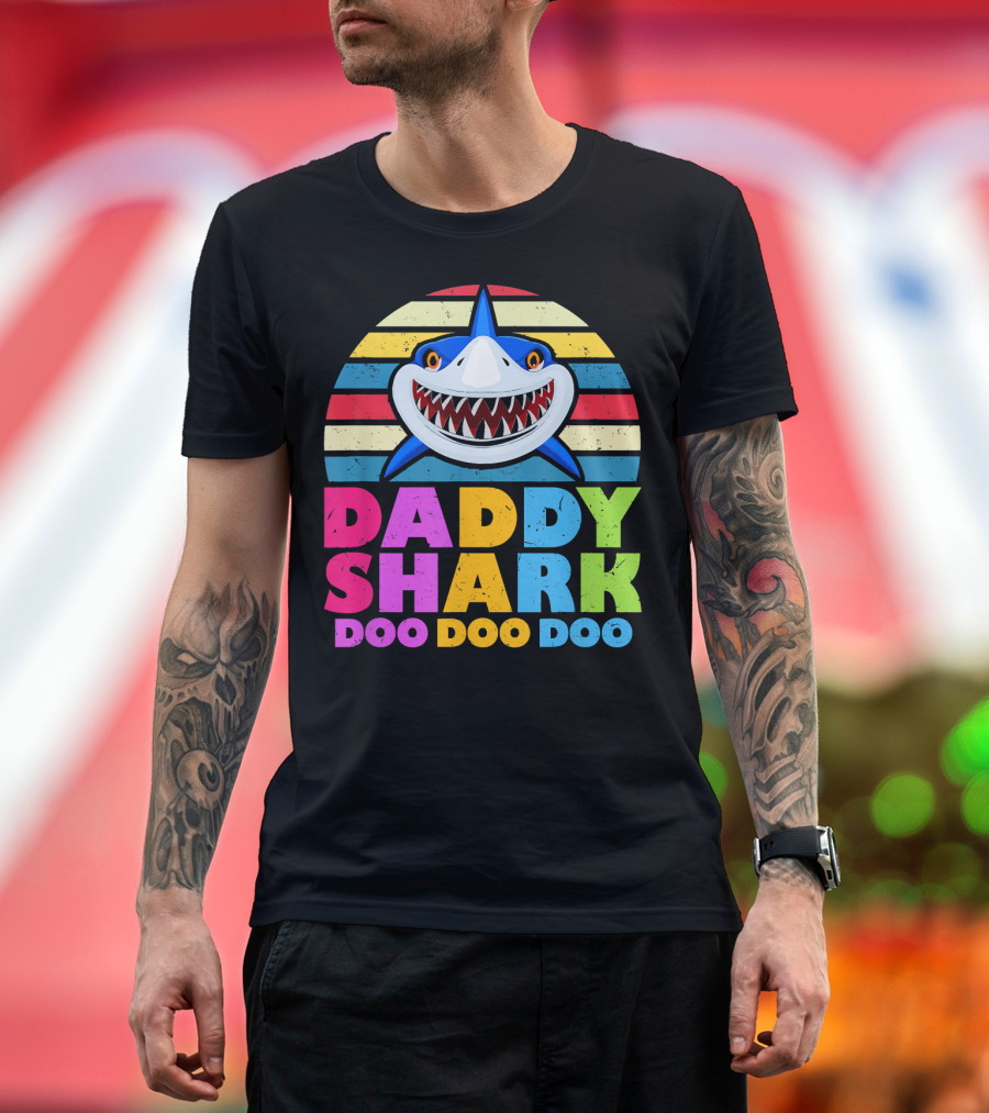 Daddy Shark Doo Doo Doo Rainbow Stripe Shark Face T-Shirt