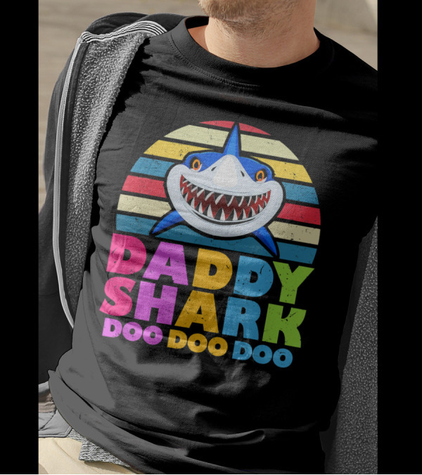 Daddy Shark Doo Doo Doo Rainbow Stripe Shark Face T-Shirt
