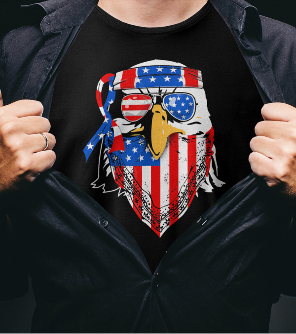 Bald Eagle With American Flag Bandana And Sunglasses For 4th Of July T-Shirt