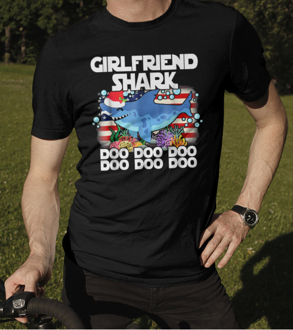 Girlfriend Shark Doo Doo Santa Hat American Flag Bubbles Coral T-Shirt