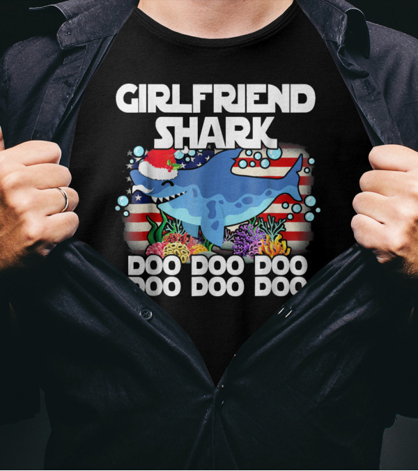 Girlfriend Shark Doo Doo Santa Hat American Flag Bubbles Coral T-Shirt