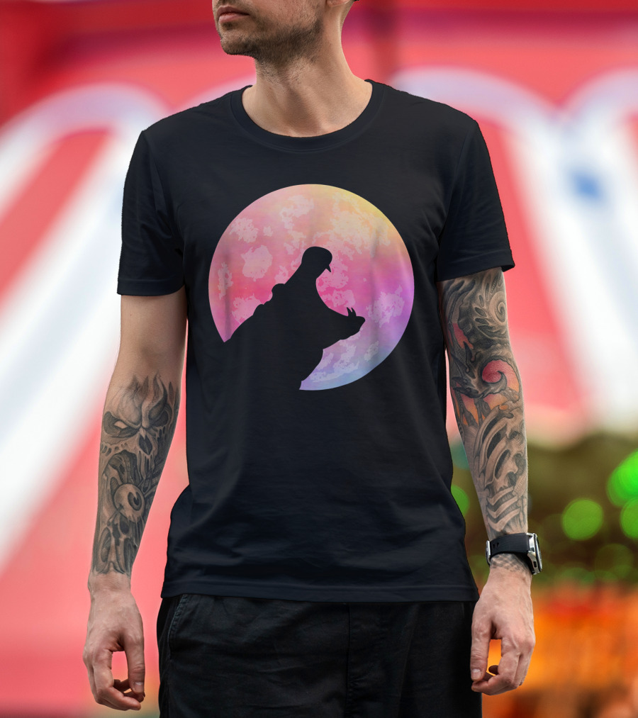 Full Colorful Moon Hippo Howling Silhouette Against Vibrant Lunar Backdrop T-Shirt