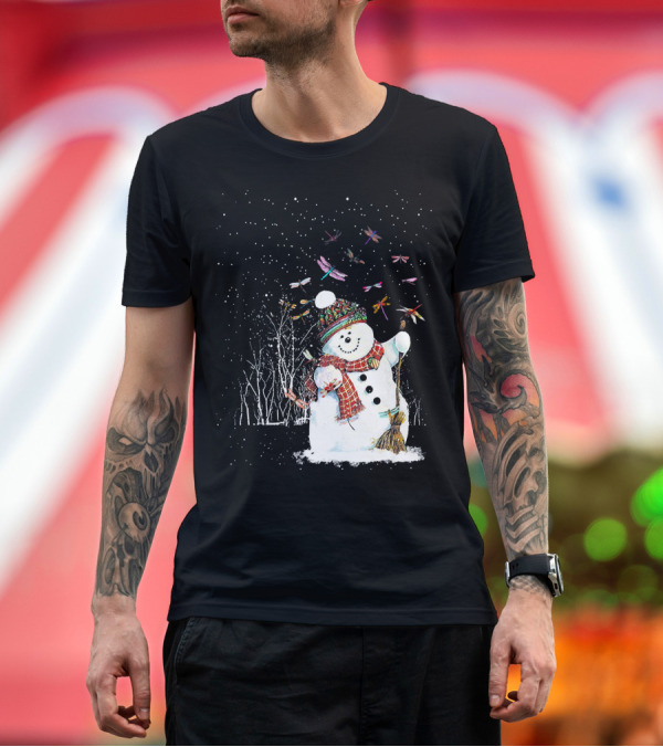 Premium T-Shirt: Dragonfly Christmas Snowman Surrounded by Festive Dragonflies T-Shirt Dragonfly Christmas Snowman Surrounded by Festive Dragonflies T-Shirt