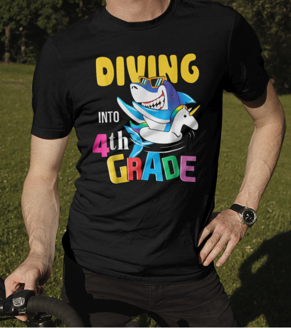 Diving Into 4th Grade Dabbing Shark Unicorn Float Sunglasses T-Shirt