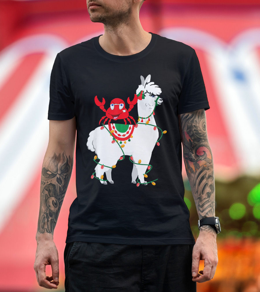 Crab Riding Llama Wrapped in Christmas Lights Funny Image T-Shirt